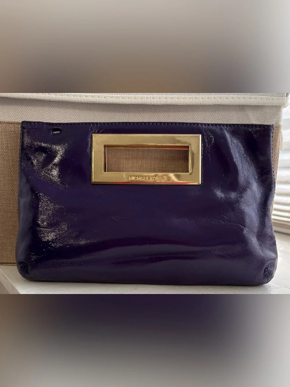 Michael Kors Leather Berkley Clutch Hand Bag Purse Purple with Gold Hardware